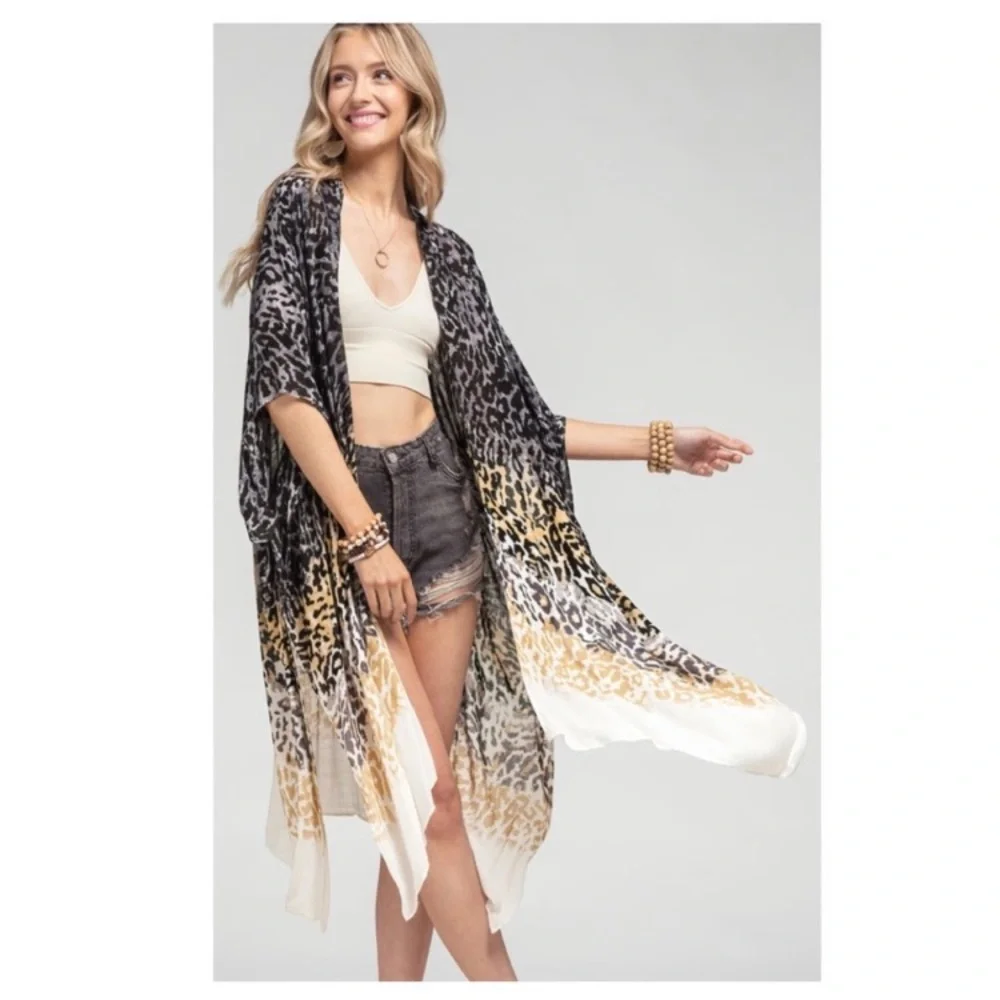 NEW Black Leopard Print Ombré Kimono - Picture 2 of 7